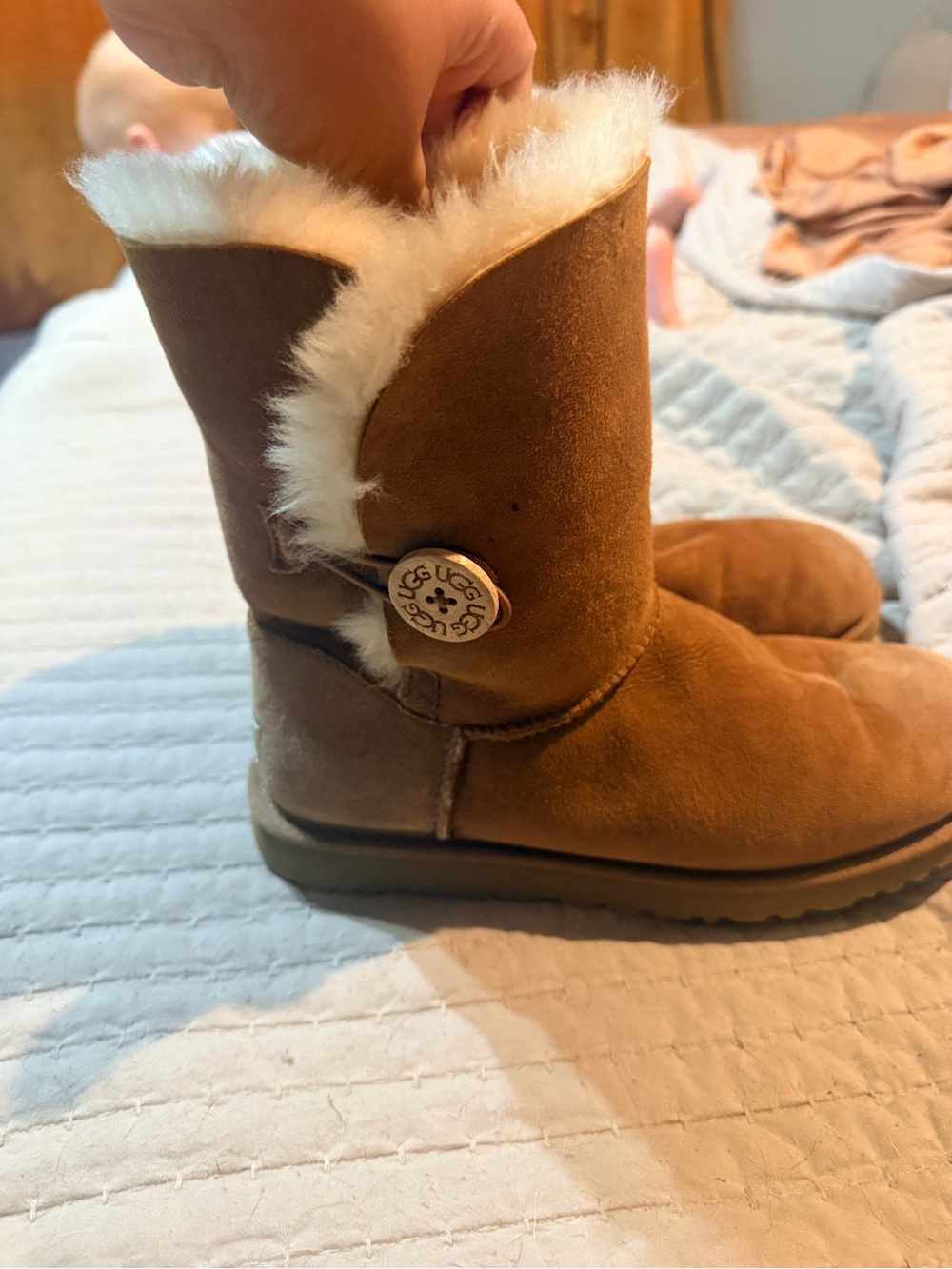UGG Chestnut Suede Button Boot with Shearling Trim
